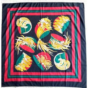 Silk Scarf with vintage hats motif 34" square red black green gold colorful chic